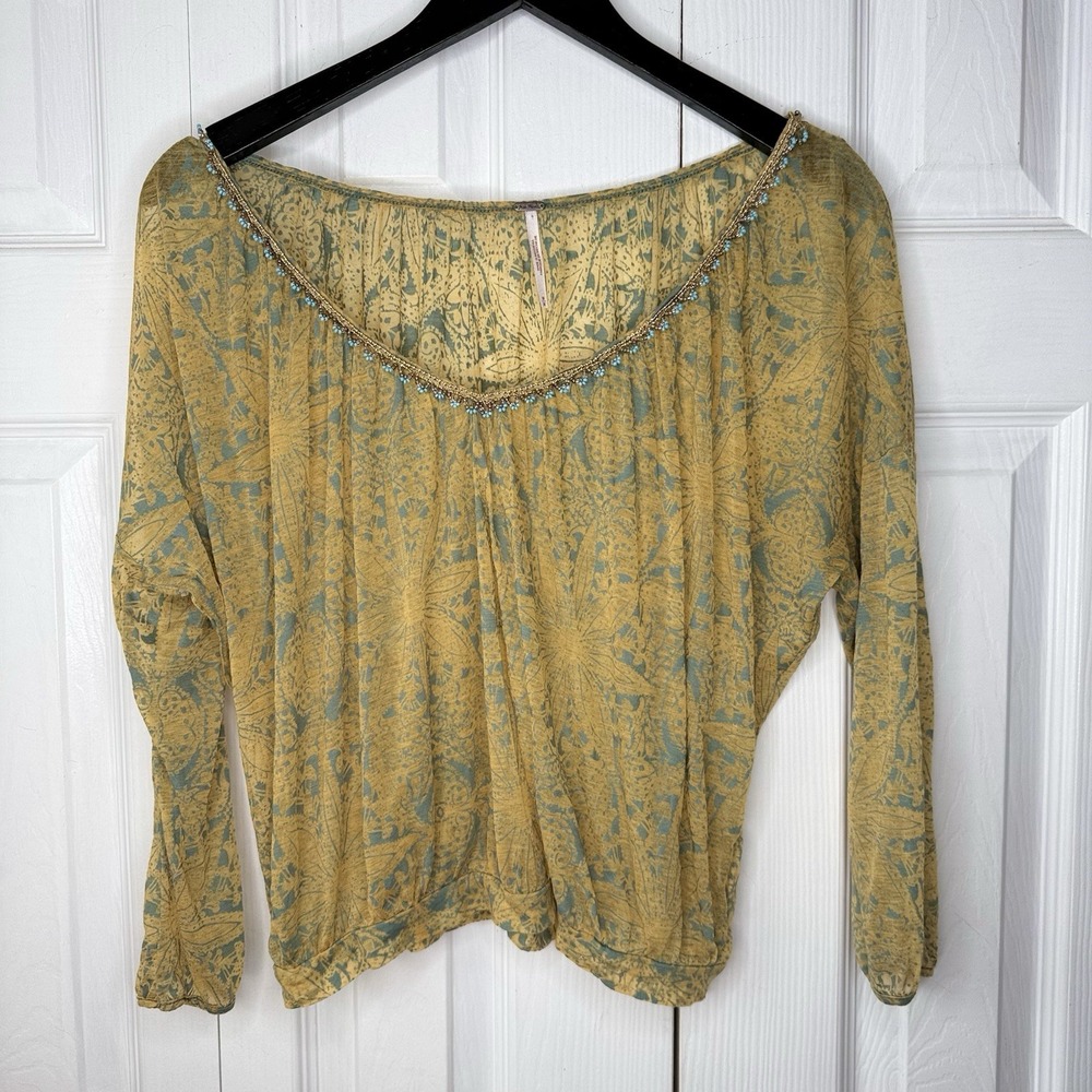 Free People Yellow Blue Burnout Floral Beaded Cropped Top Blouse Boho Medium M